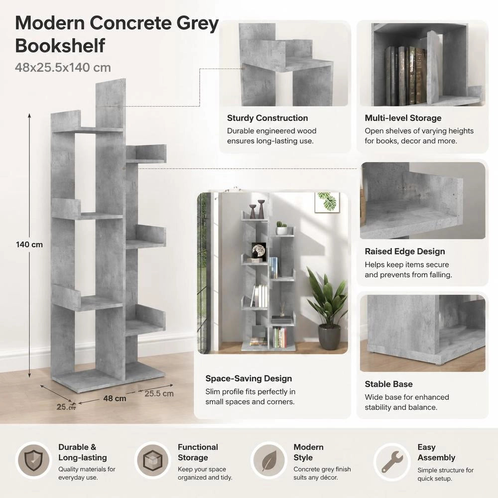 Bookshelf, Concrete Grey, 48x25.5x140 Cm, Wood-based Material