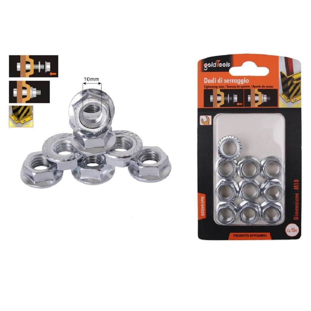 Trade Shop - Set 10pz Dado Esagonale Flangiato Dadi Di Serraggio M10 Bulloni Vite 10mm 94925 -
