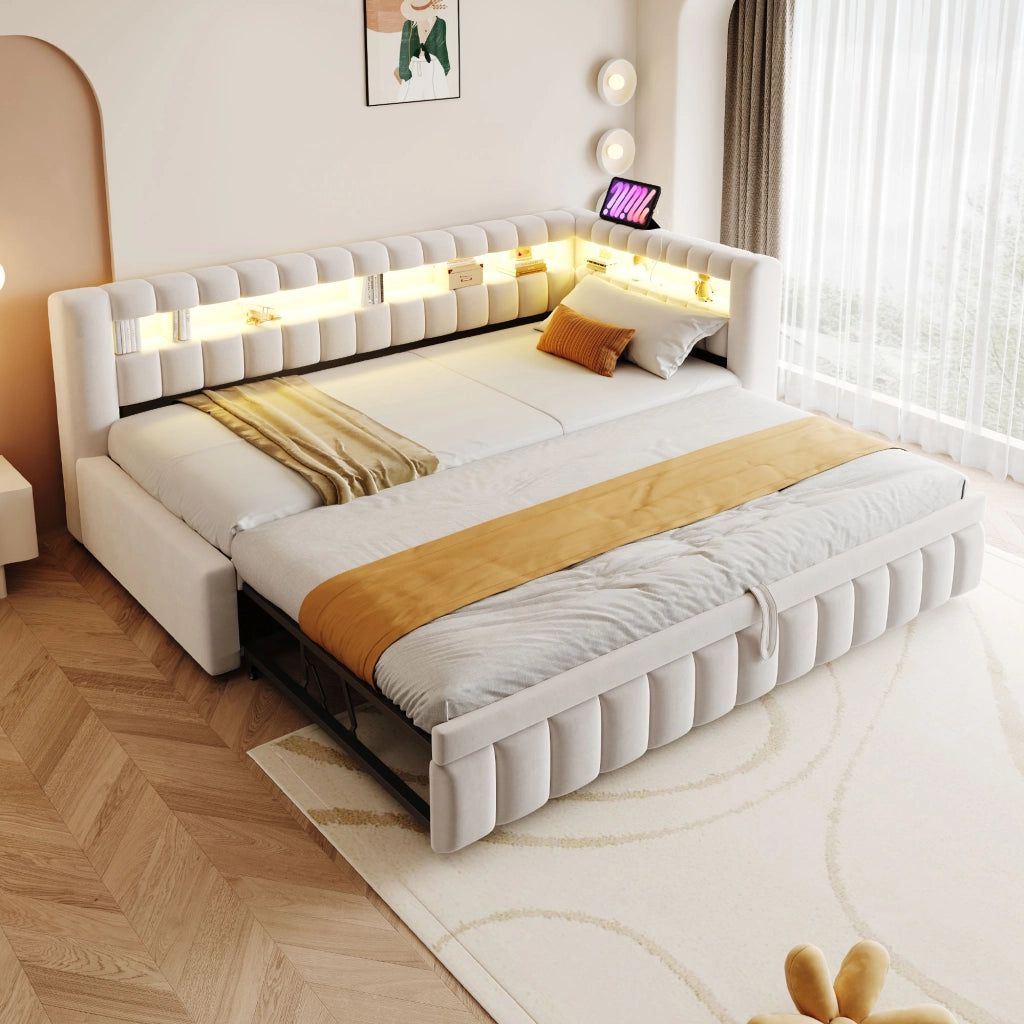 Letto imbottito trasformabile con LED, porte USB e USB-C, 90x200 cm, beige
