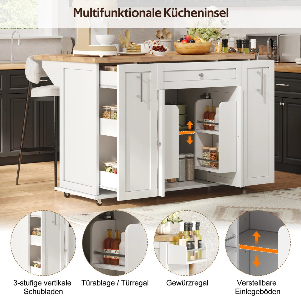 Isola cucina con piano ribaltabile 120/70x87 cm in MDF bianco e naturale