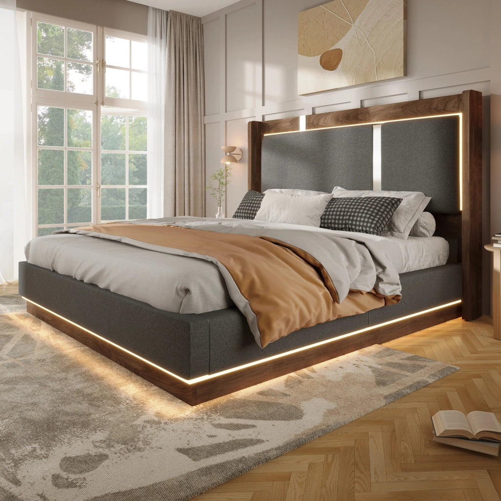 Letto Matrimoniale 180x200 cm Contenitore; LED; in Lino e Legno - Grigio e Noce