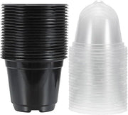 Set di vasi per piante con cappuccio umidistat - 20 set di 10 cm vasi in plastica per piante contenitore coperchi con fori di drenaggio (Nero)