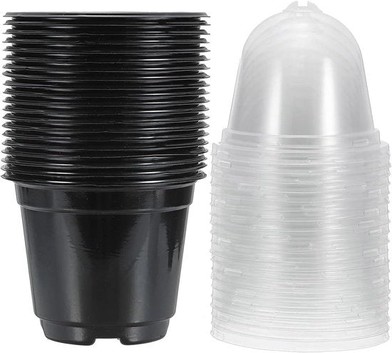 Set di vasi per piante con cappuccio umidistat - 20 set di 10 cm vasi in plastica per piante contenitore coperchi con fori di drenaggio (Nero)