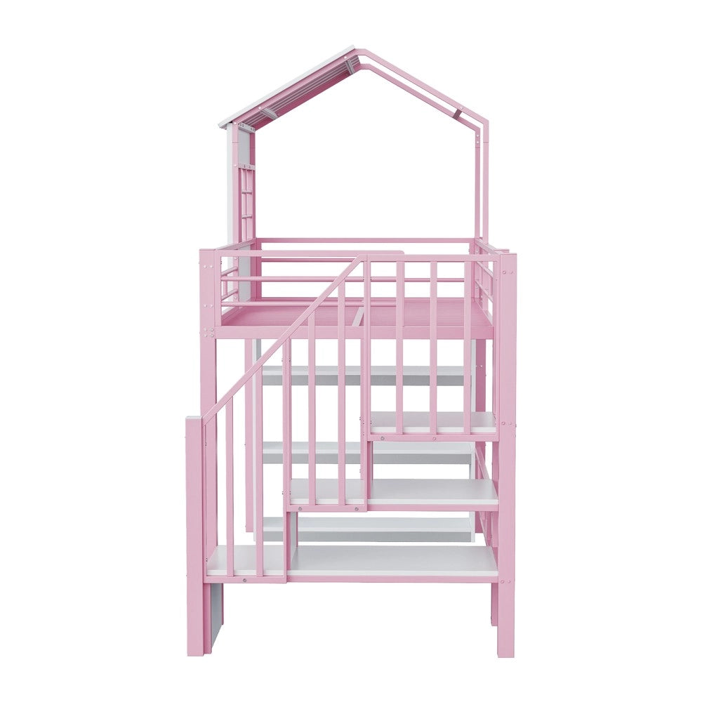 Letto a Soppalco Singolo in Metallo con Scala e Ripiani ¨C Xylo ¨C Rosa 90x200