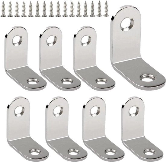 Angoli di acciaio inossidabile 90 gradi - 20 mm x 20 mm - Set di 8 con viti - Per sedili, tavoli, assi di legno - Argento.