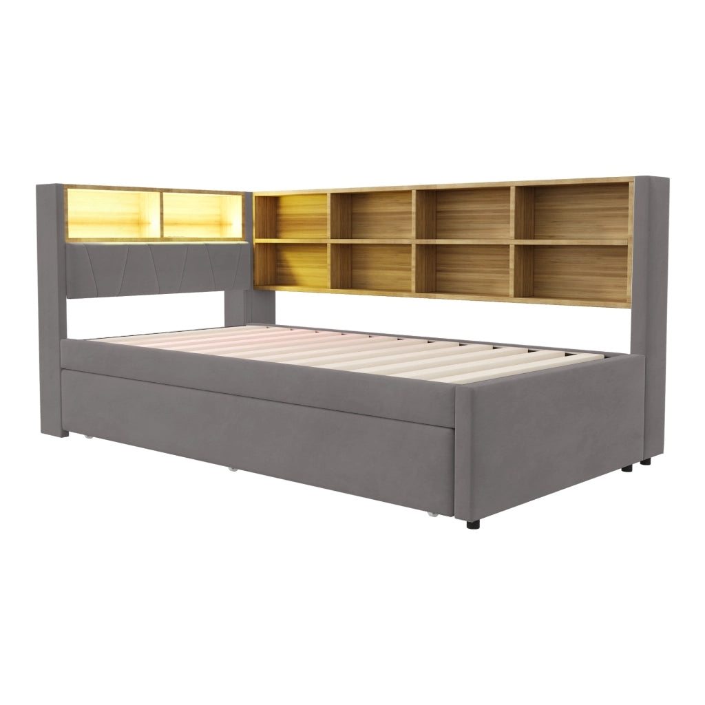 Divano letto multifunzionale 90x200 cm con letto estraibile 90x190 cm, LED, prese, vano contenitore, flanella grigio scuro