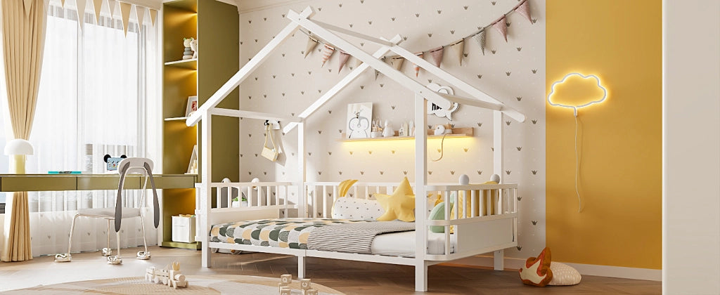 Letto per bambini 90 × 200 cm con barriera di sicurezza, struttura a casetta, sans materasso, en metallo, bianco