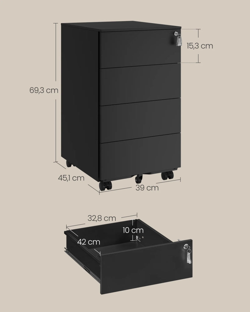 Mobiletto portaoggetti con serratura 3 cassetti per documenti e cancelleria preassemblato per l'ufficio domestico 39 x 45 x 55 cm nero opaco 12_0004821