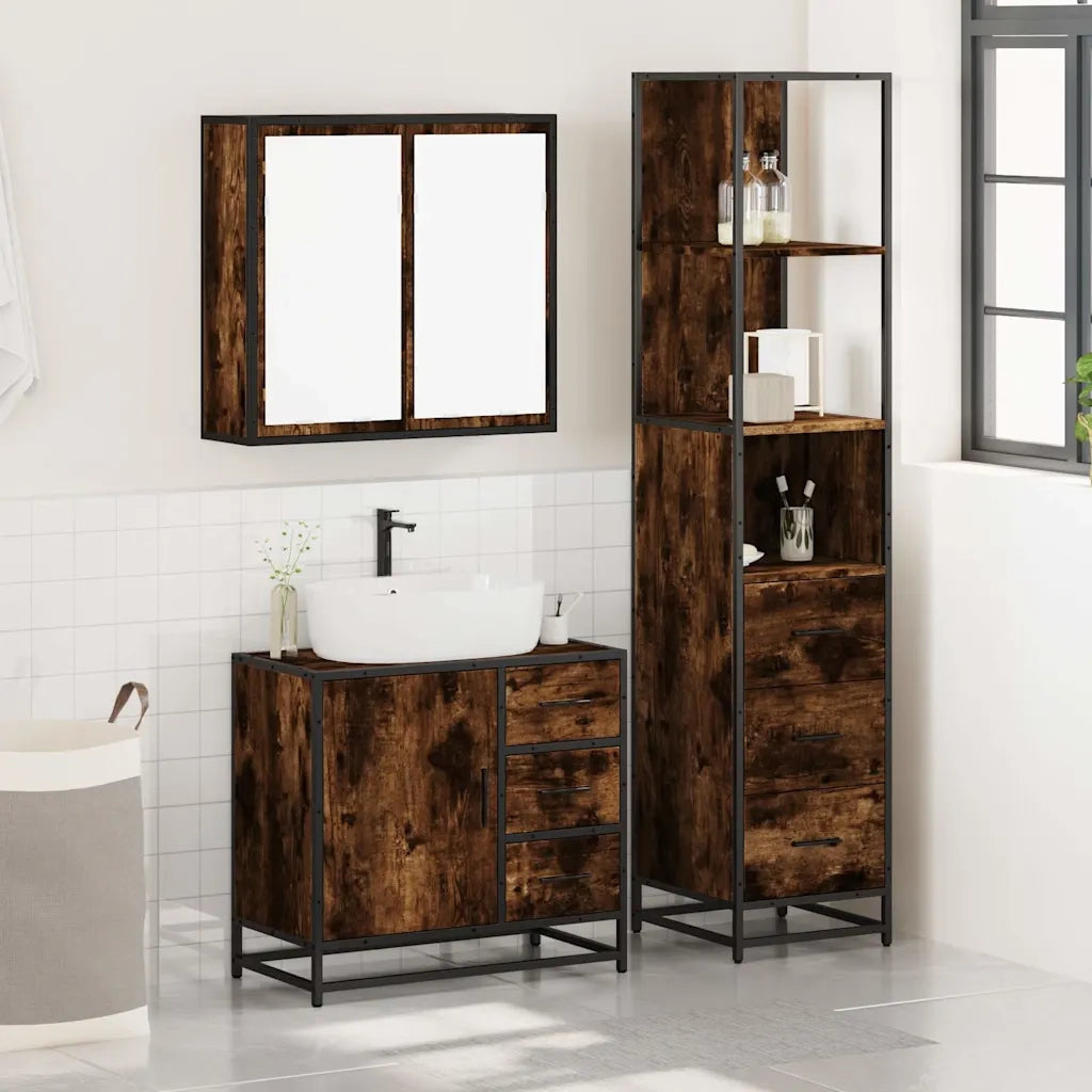 Set Mobili da Bagno 3 pz Rovere Fumo in Legno Multistrato