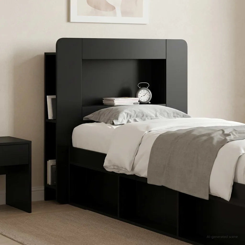 Testata del letto con archiviazione Nero Legno ingegnerizzato