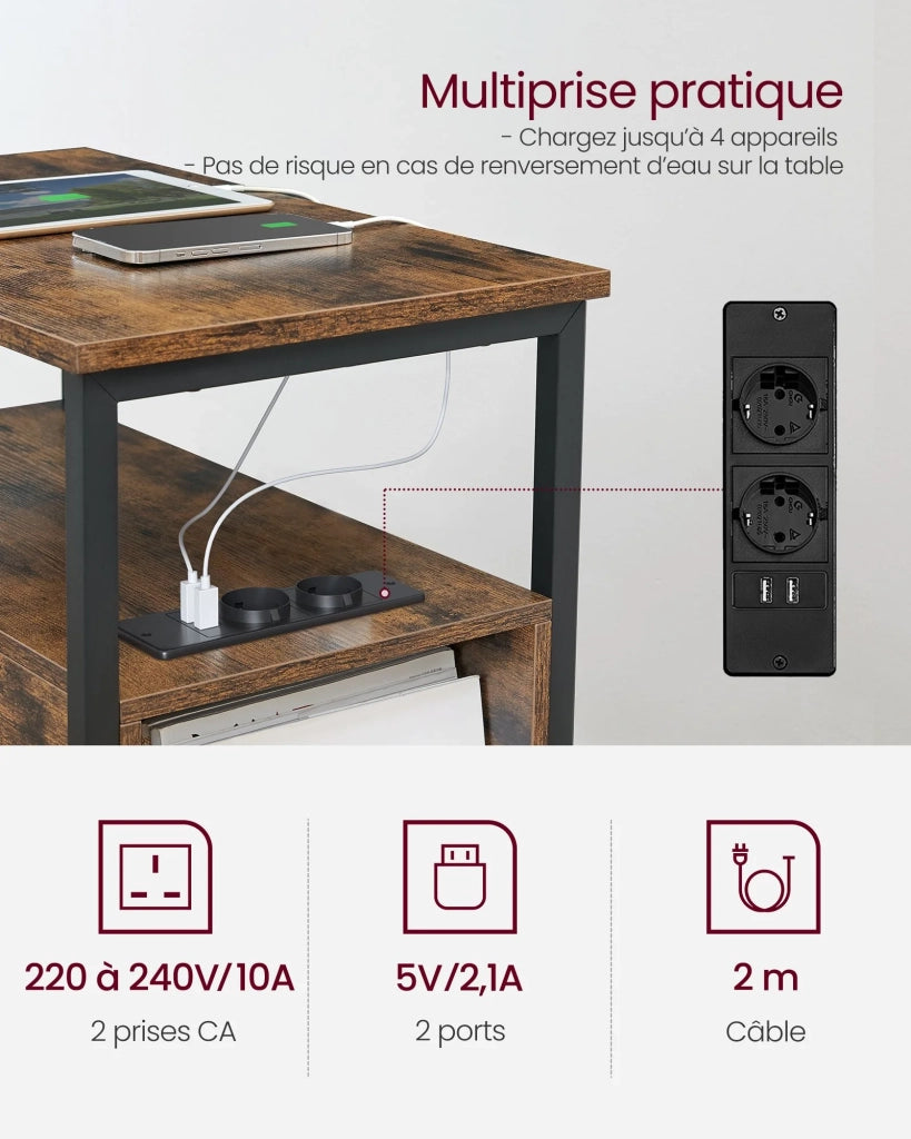 Tavolino laterale con multipresa tavolino sottile 60 x 35 x 61 cm con 2 cassetti comodino con contenitore per soggiorno/camera da letto marrone rustico e nero classico 12_0007550