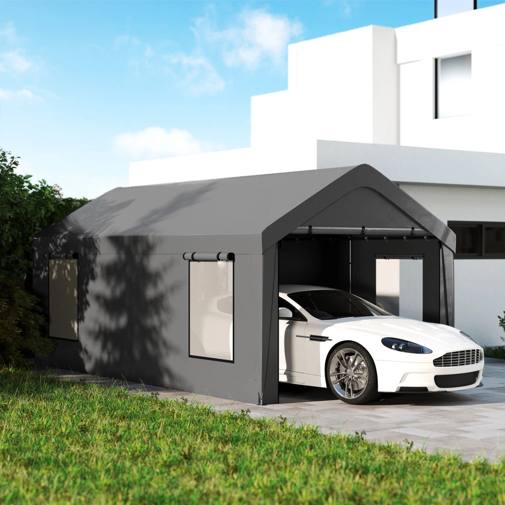 Tenda Garage 3x6 m con Pareti Laterali Amovibili, 2 Porte ad Avvolgimento e 4 Finestre ¨C zephmum ¨C Grigio Scuro