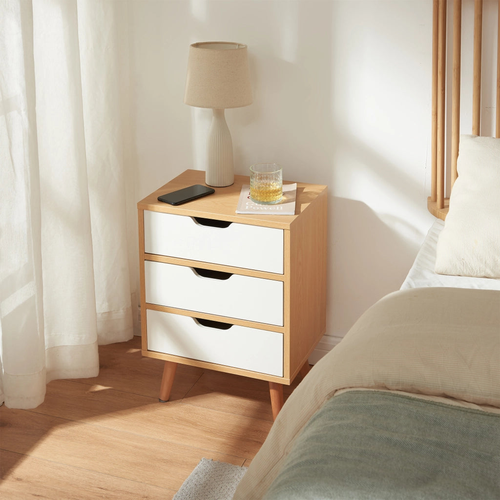 Comodino Bordkak con 3 Cassetti 55 x 40 x 30 cm - Effetto Rovere / Bianco [en.casa]