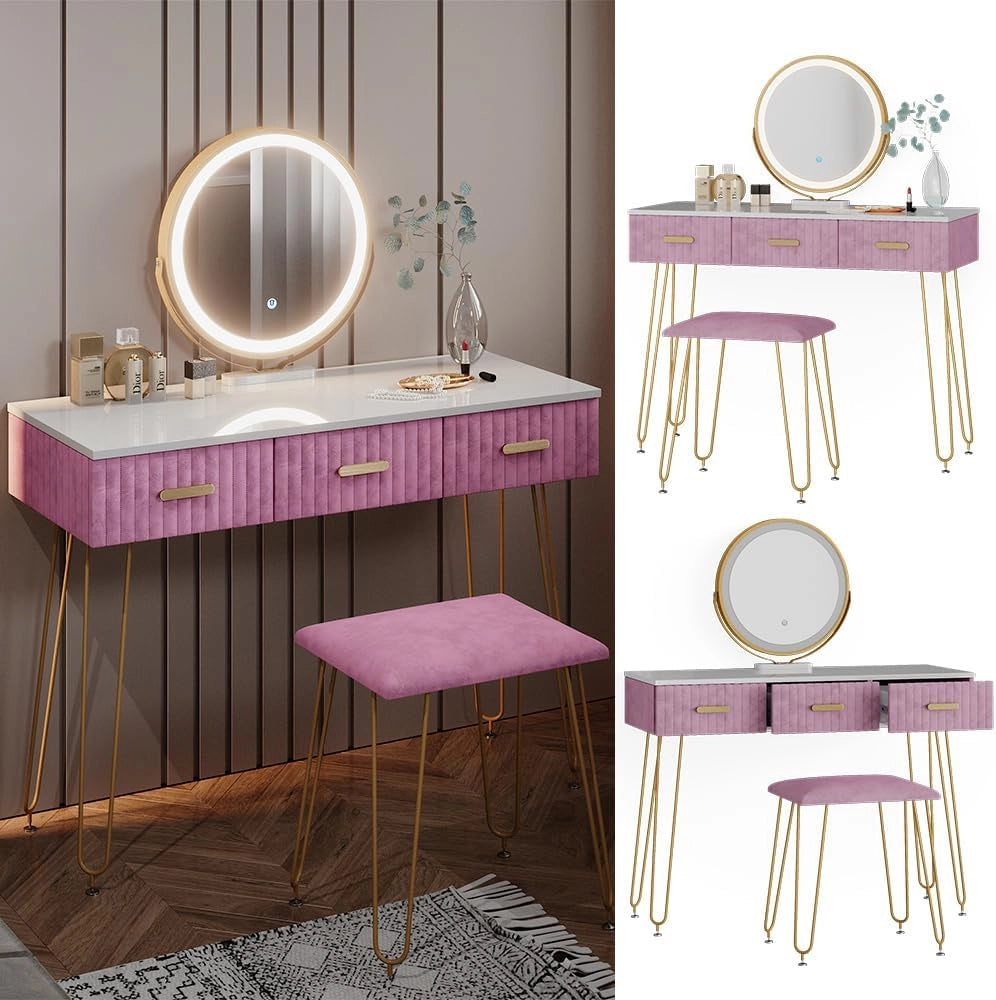 Tavolo da toeletta Layla, rosa, 100 cm con illuminazione LED e sgabello, con illuminazione a LED e panca imbottita