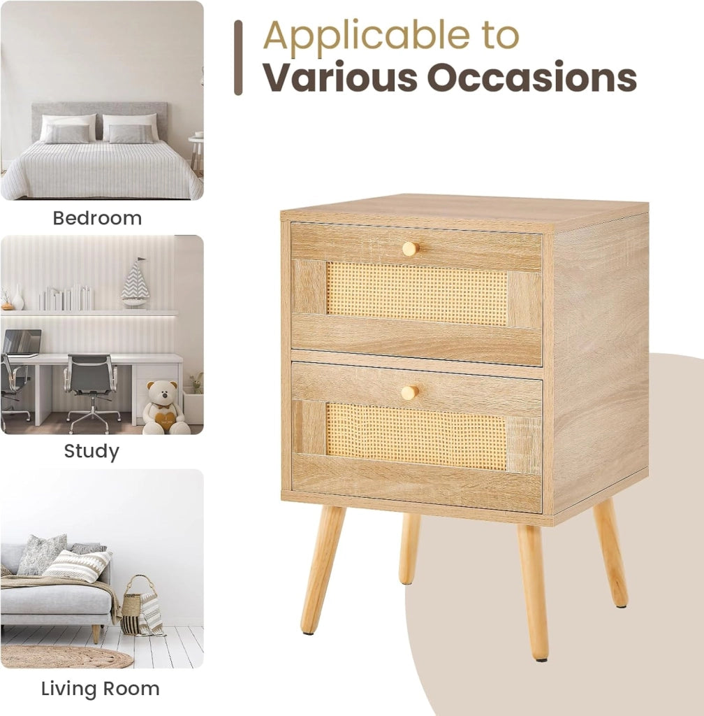 Comodino con 2 cassetti in rattan, comodino in legno, tavolo laterale stretto con gambe in pino, comodino per camera da letto, soggiorno, 40 x 40 x 59 cm (2 pezzi)