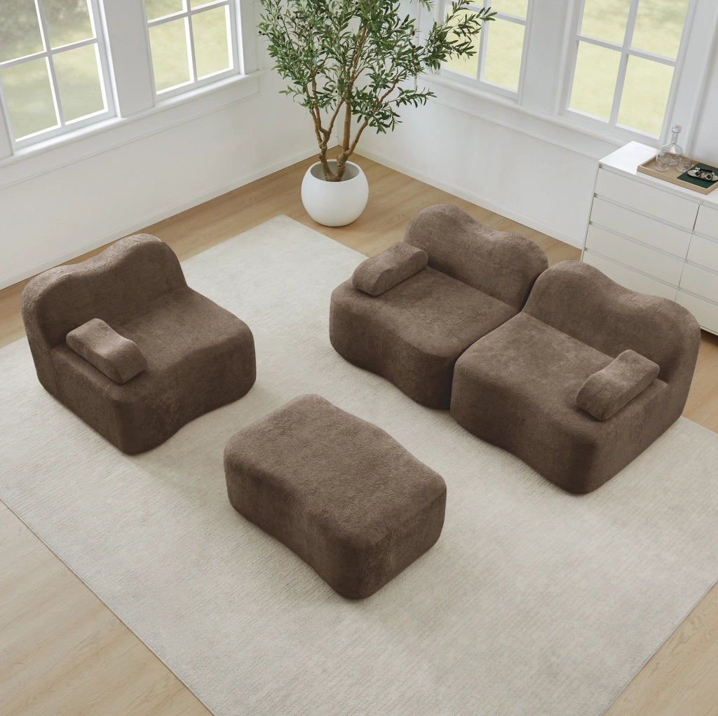 Divano angolare modulare 288x167x70 cm in velluto marrone con pouf e seduta profonda