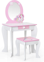 Set di Specchiera e Sgabello per Bambini, Tavolo da Trucco Giocattolo in Legno con Cassetto, Ideale Regalo per Ragazze di 3-7 Anni, con Portata di 15kg, 49x35,5x89cm (Bianco)