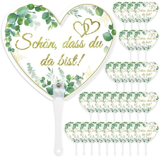 Ventagli per matrimonio 30 pezzi - Forma a cuore - Design eucalipto - Regali per ospiti - Estate - Polipropilene, diametro 18x19cm - Ventaglio per mano