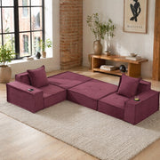 Pouf divano 2 posti in velluto a coste, colore wine red, con 2 cuscini e tasche laterali
