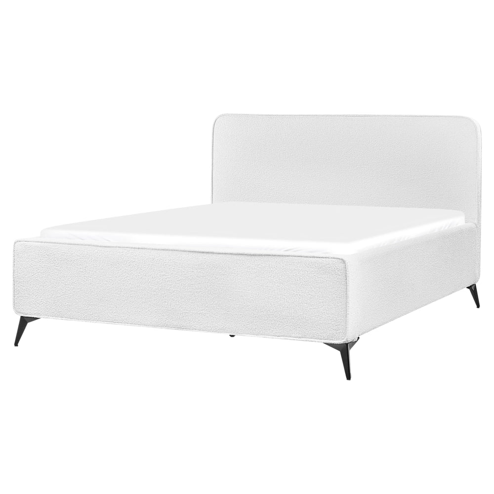 Letto matrimoniale imbottito in bouclé bianco sporco gambe in metallo nero 160x200 cm testiera stile classico minimalista