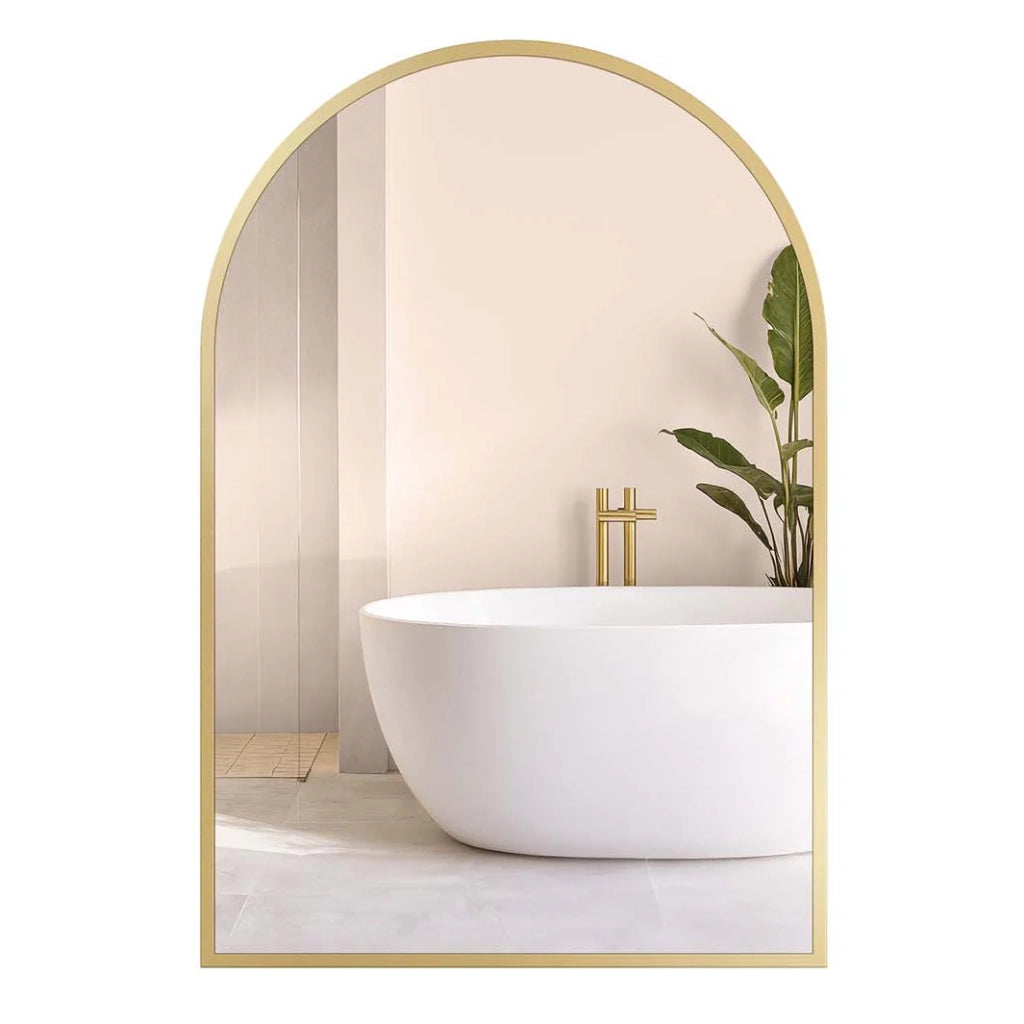 Specchio da bagno specchio da parete ad arco cornice in alluminio 91 x 61 cm con pellicola di sicurezza facile da montare per soggiorno camera da letto bagno oro 12_0008047