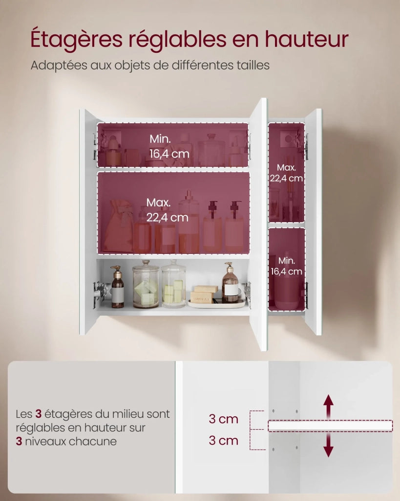 Mobiletto da bagno a muro con specchio mobiletto a 3 ante 60 x 15 x 55 cm con ripiano regolabile bianco moderno 12_0004041