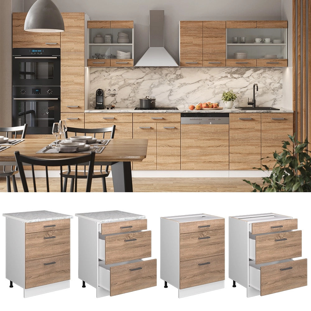 Mobiletto base per cucina R-Line Sonoma/Bianco 60 cm con cassetti, senza piano di lavoro Vicco