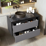 Mobile bagno ULEVR con lavabo rotondo nero in ceramica, cassetti e vano aperto, MDF nero e grigio