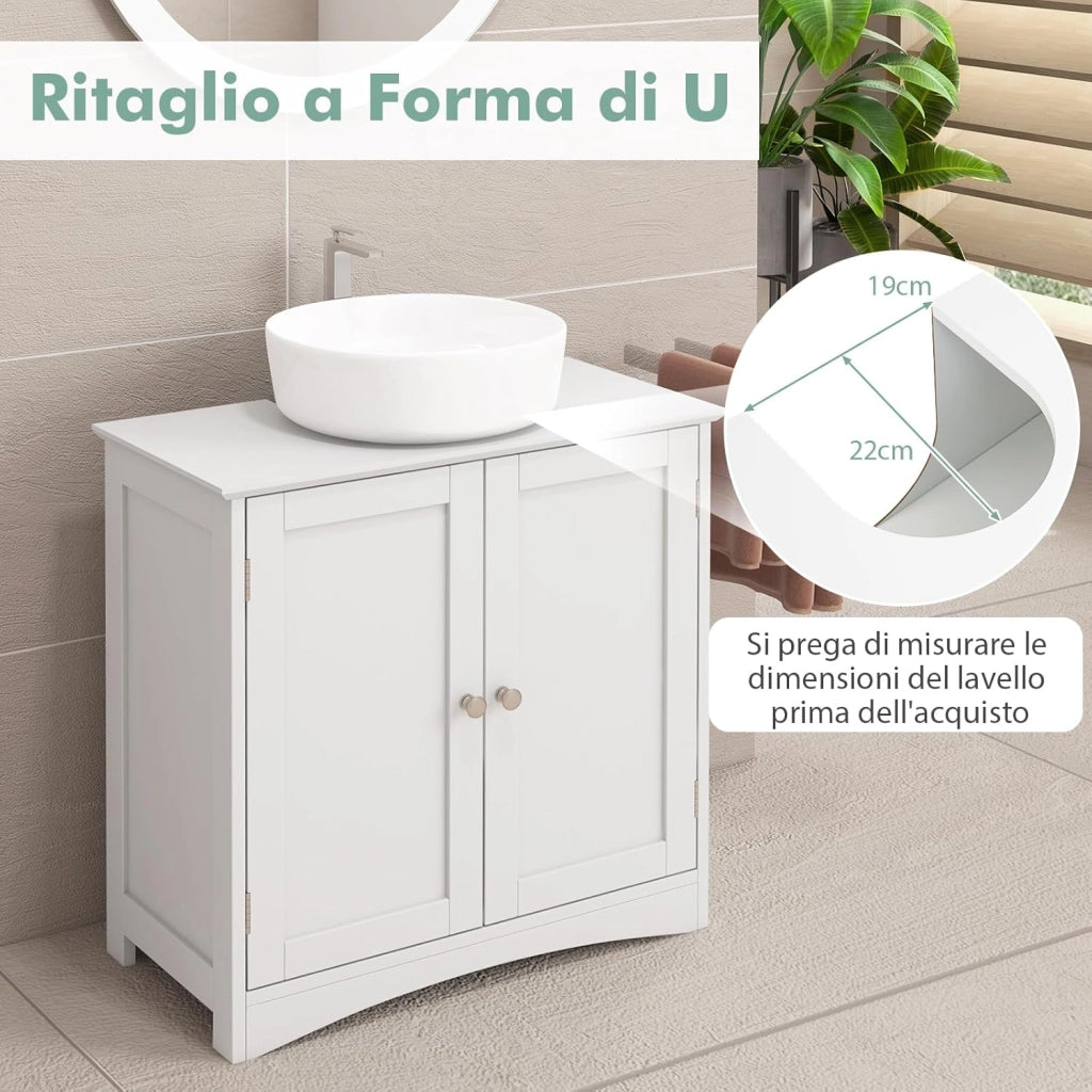 Mobile Sottolavabo per Bagno, Armadietto a Terra con 2 Ante, Ripiano e Taglio a U 22 x 19cm, Organizzatore Moderno e Salvaspazio per Prodotti da Toeletta e Asciugamani, Bianco