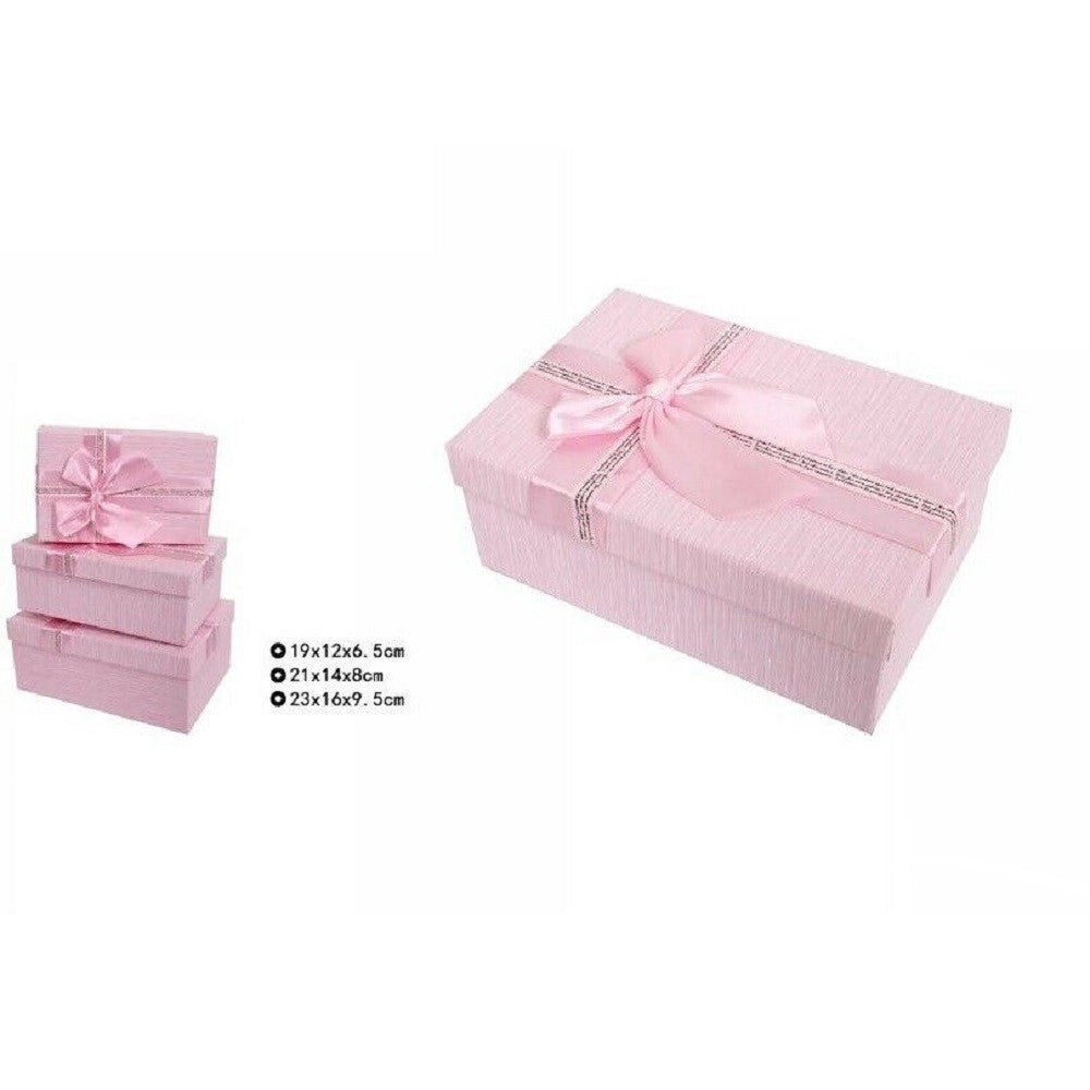 Trade Shop - Set 3 Pz Scatole Box Per Regali Varie Misure Rettangolari Rosa Con Fiocco 69331 -