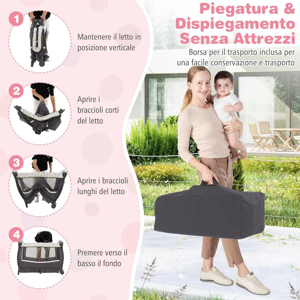 4 in 1 Lettino Neonato con Materasso, Culla da Campeggio con Fasciatoio Cappottina Regolabile, Ruote Bloccabili, Box Piechevole per Bambini 0-36 Mesi (Foglie)