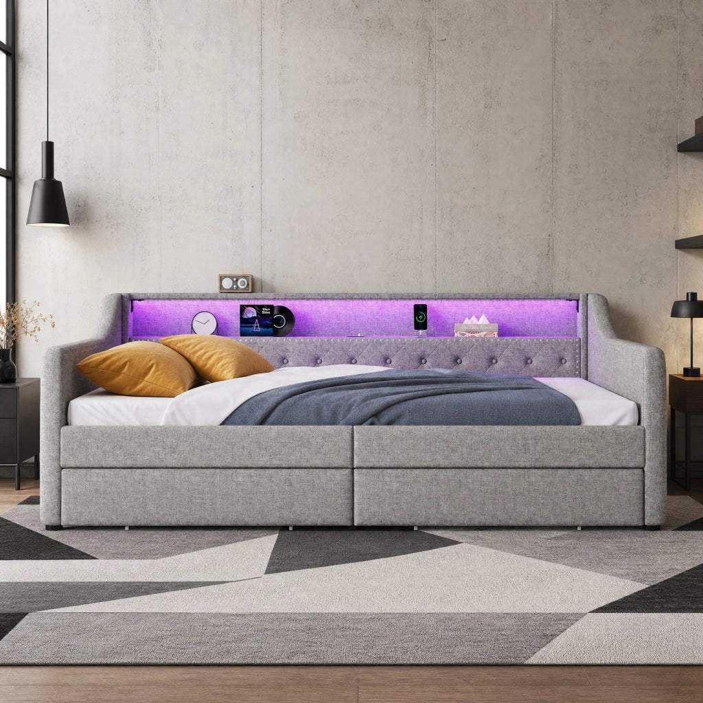 Divano letto 90x200 cm con LED, USB e 2 cassetti grigio