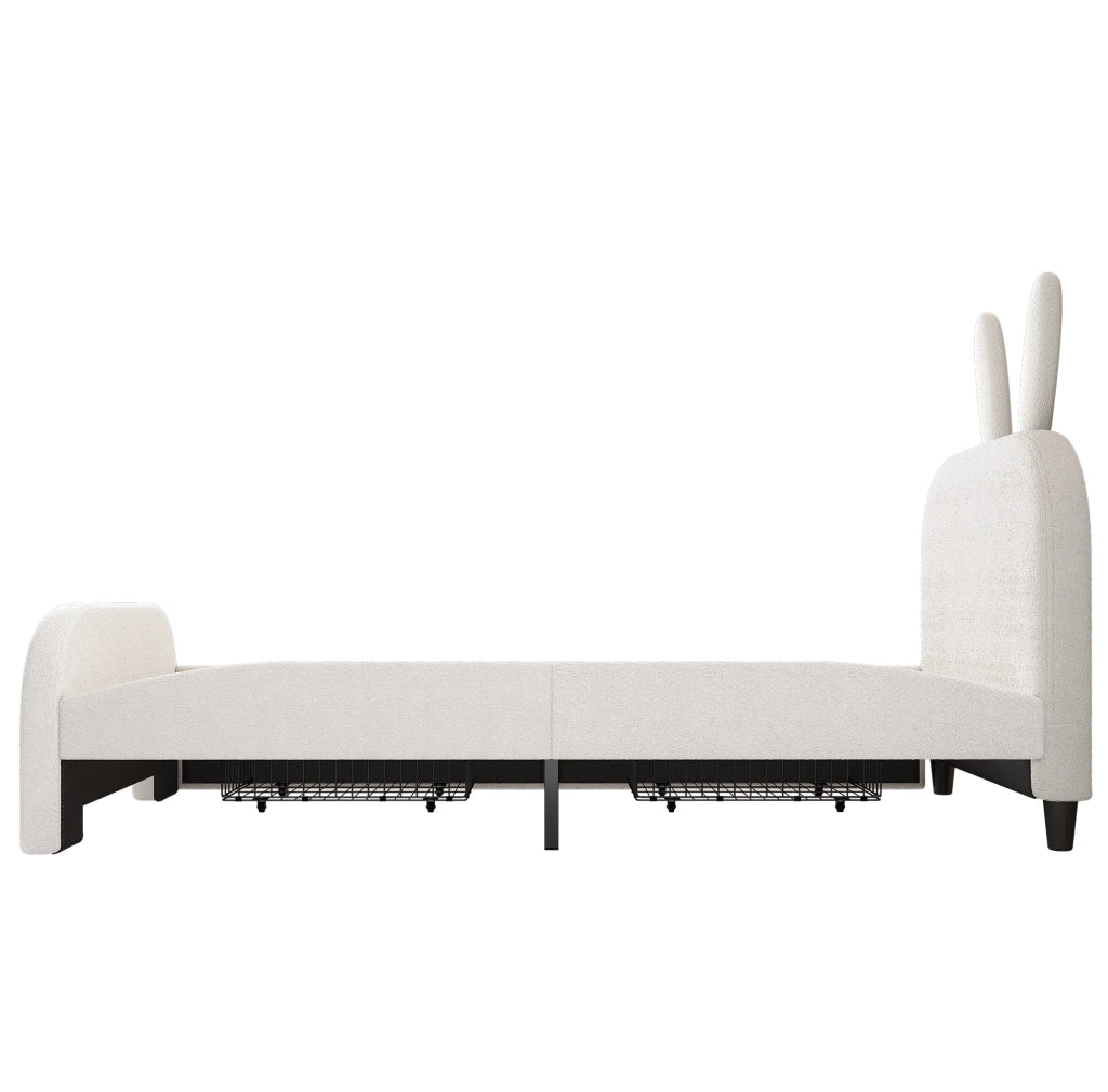 Letto per bambini 90x200 cm imbottito con testiera a forma di coniglio; 2 cassetti; bianco