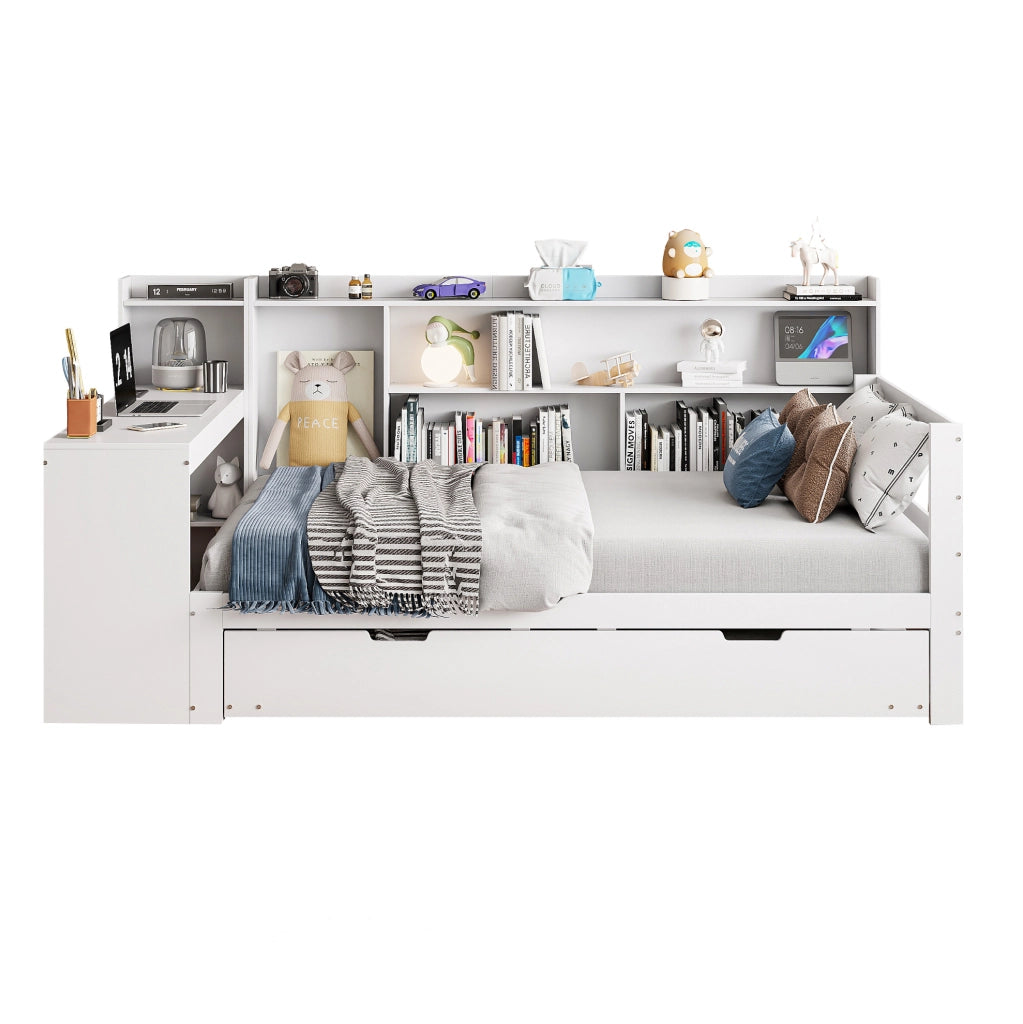 Letto multifunzionale in legno 90x200 cm con letto estraibile, scrivania e scaffali