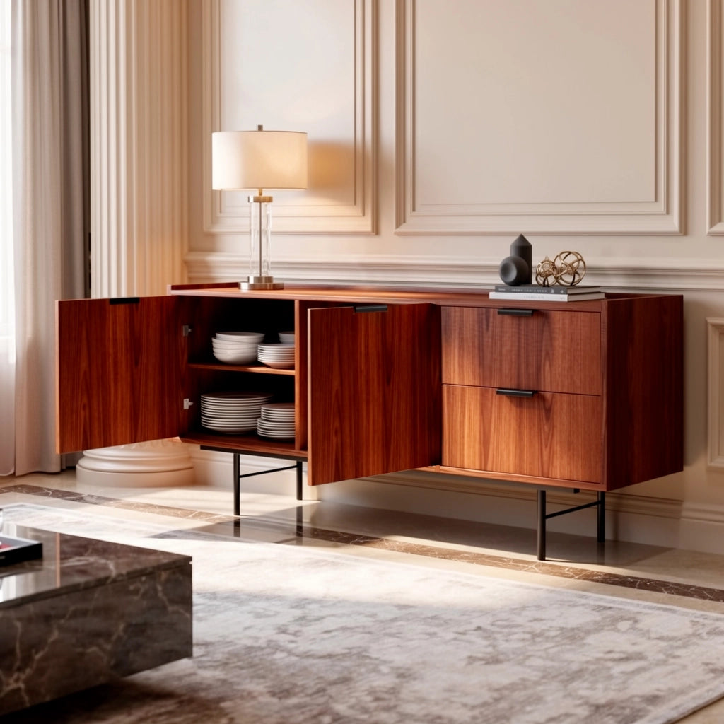 Madia Credenza Moderna Con 2 Ante 2 Cassetti Ampio Spazio Contenitivo Ripiani Interni Struttura In Melaminico Gambe In Metallo Per Soggiorno Sala Da Pranzo Ingresso 150 X 40 X 68 Cm Noce
