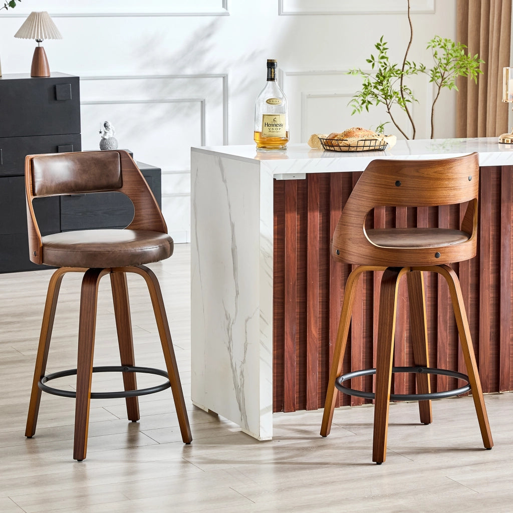 Sgabello da bar 2 pezzi con schienale in legno e rivestimento in PU, stile retrò per cucina e isola marrone