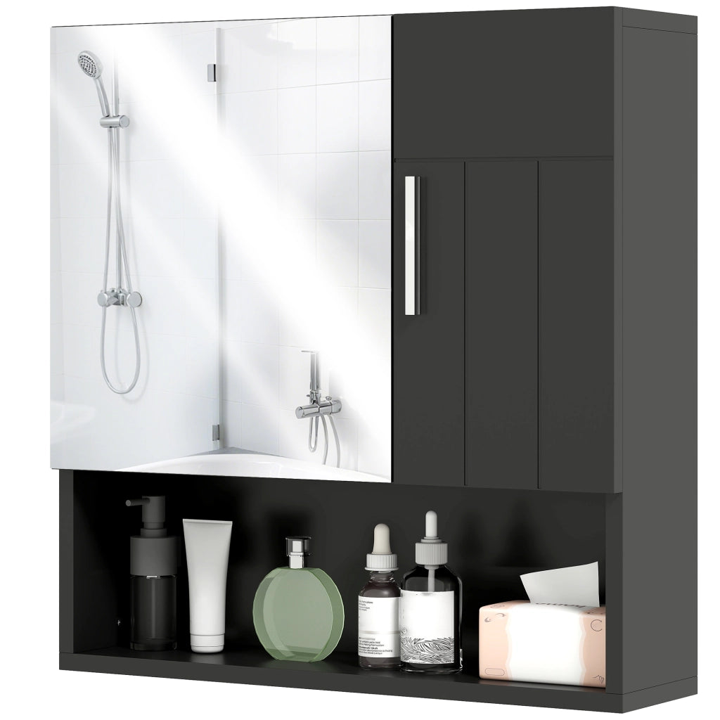 Armadietto Specchiera Bagno in Legno con Mensole Regolabili e Ripiano Aperto, 54x15.2x55.3 cm, Nero