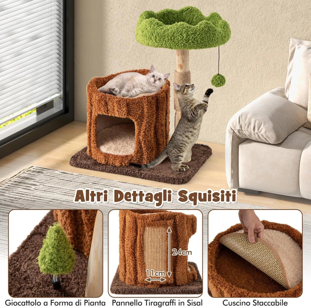 Tiragraffi a Forma di Albero per Gatti 73cm, Albero per Animali Domestici con Pali per Graffiare, Trespolo Superiore e Piattaforma Rotonda Ampia, Torre Moderno Interno, Marrone e Verde