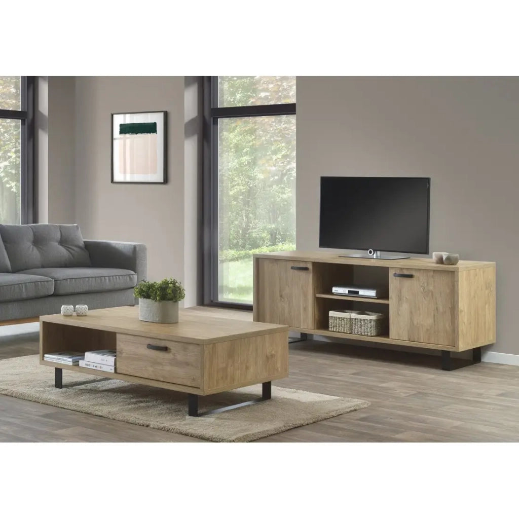 Mobile TV NEWTON – Rovere dorato con 2 porte, 2 cassetti e vani – L170 x H68 x P50 cm