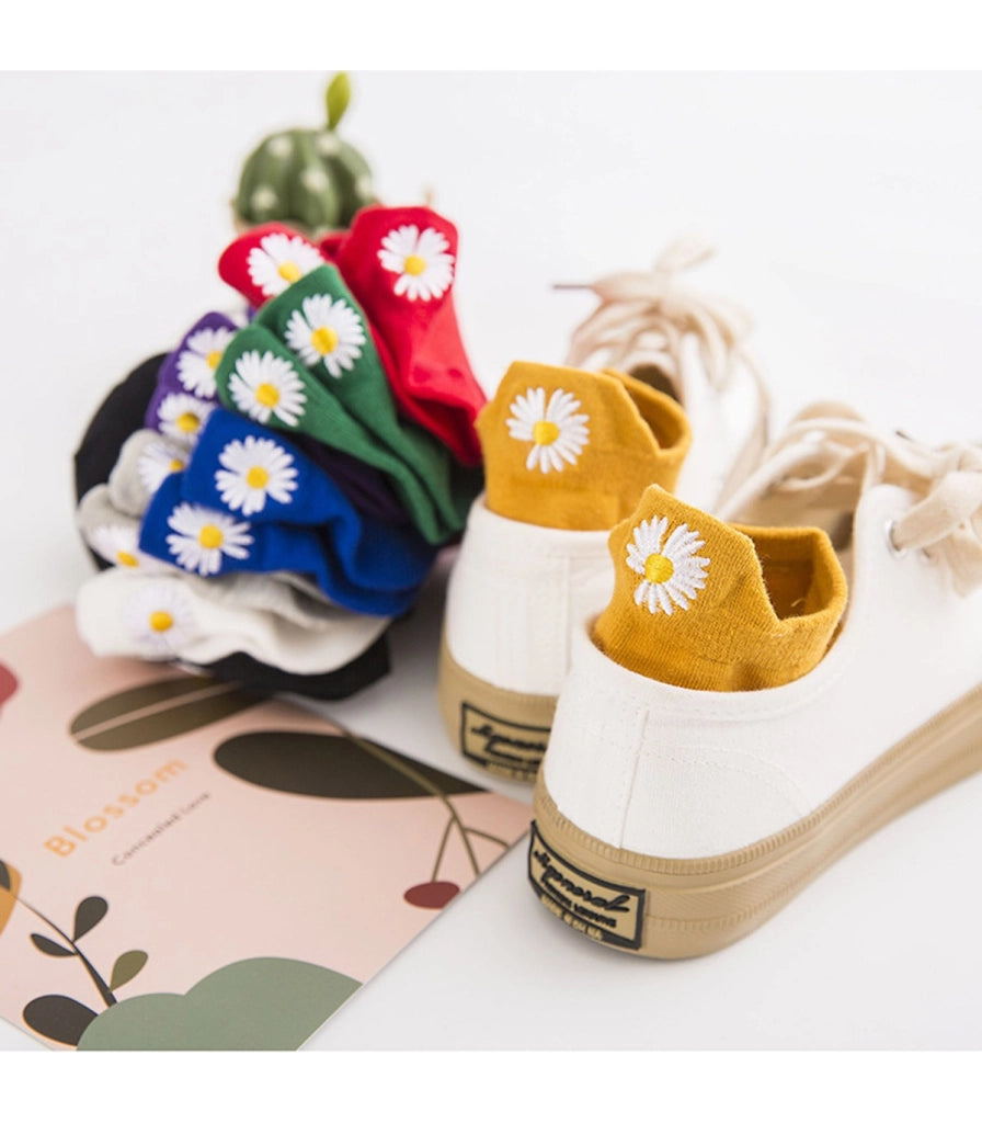 Calzini Bassi in Cotone per Donna e Bambina | Margherita Ricamata sul Tallone | Taglia Unica 35–40 EU