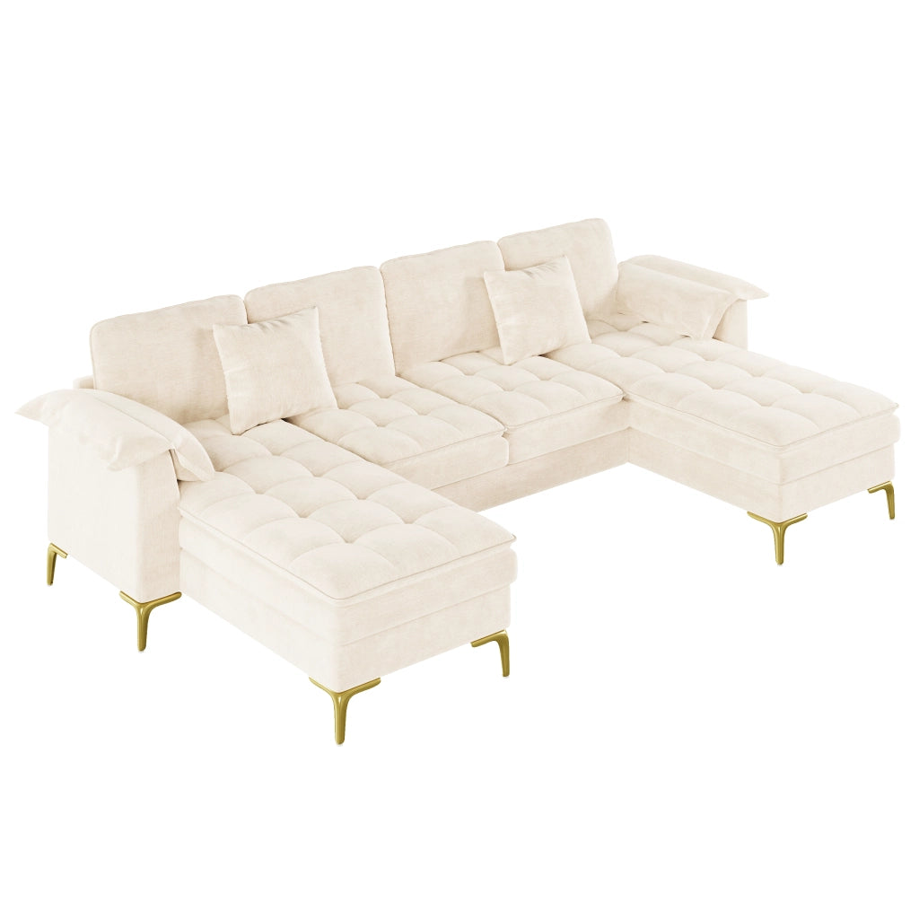 Divano angolare a U 4-5 posti - con 2 chaise longue e 2 cuscini - in chenille beige