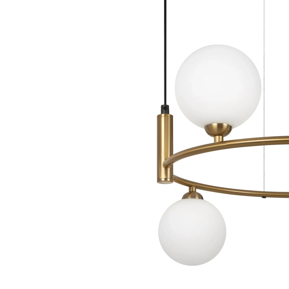 Lampadario Contemporaneo Ring Metallo Ottone 4 Luci E Diffusori Bianchi