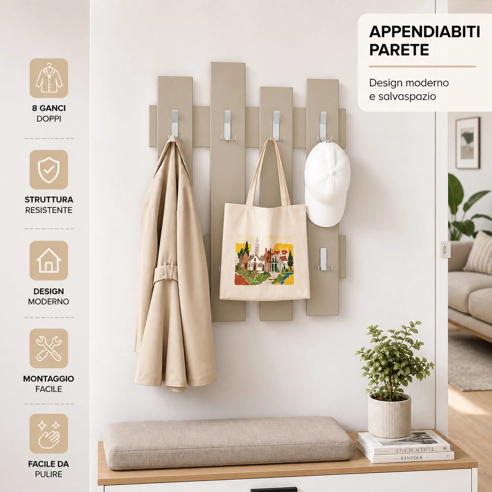 Appendiabiti da Muro Attaccapanni Montaggio a Parete H79xl64xP4 cm Sabbia