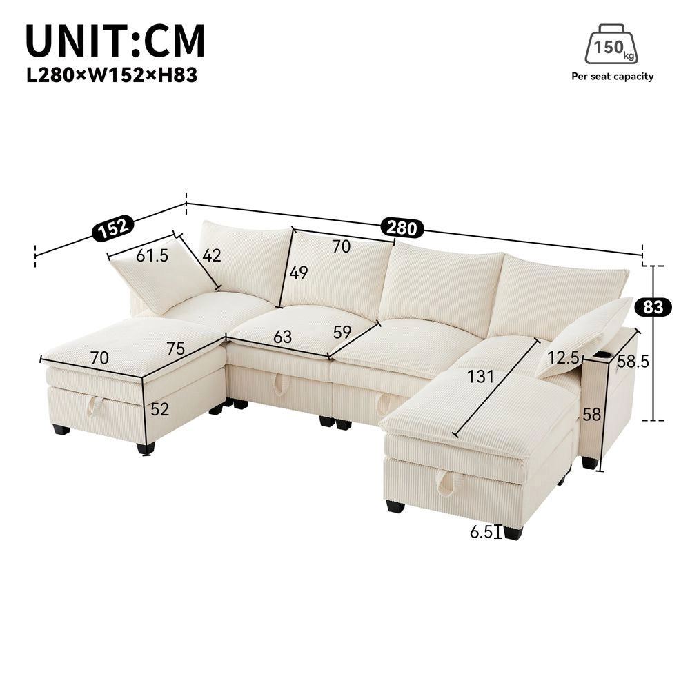Divano moderno a L - Xylo - Velluto, USB, poggiapiedi, ripostiglio, beige