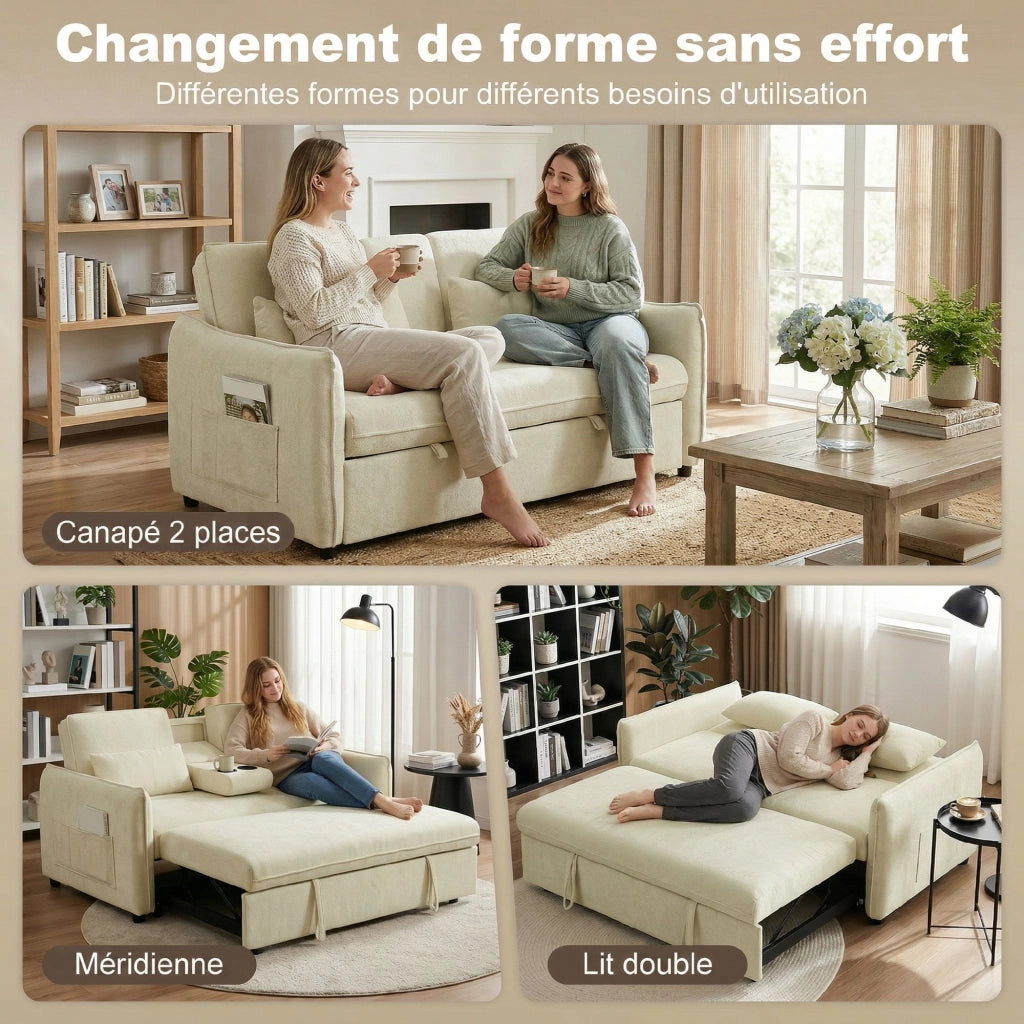 Divano letto 2 posti 3 in 1 ¨C zephmum ¨C beige in tessuto chenille con schienale regolabile e porta bicchieri