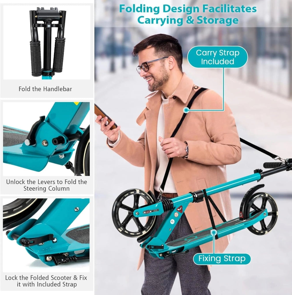 Monopattino da bambino con 2 ruote, LED e freno, skateboard pieghevole, 3 altezze regolabili, scooter in alluminio con cavalletto e cintura, carico 100 kg, bambini 8 anni
