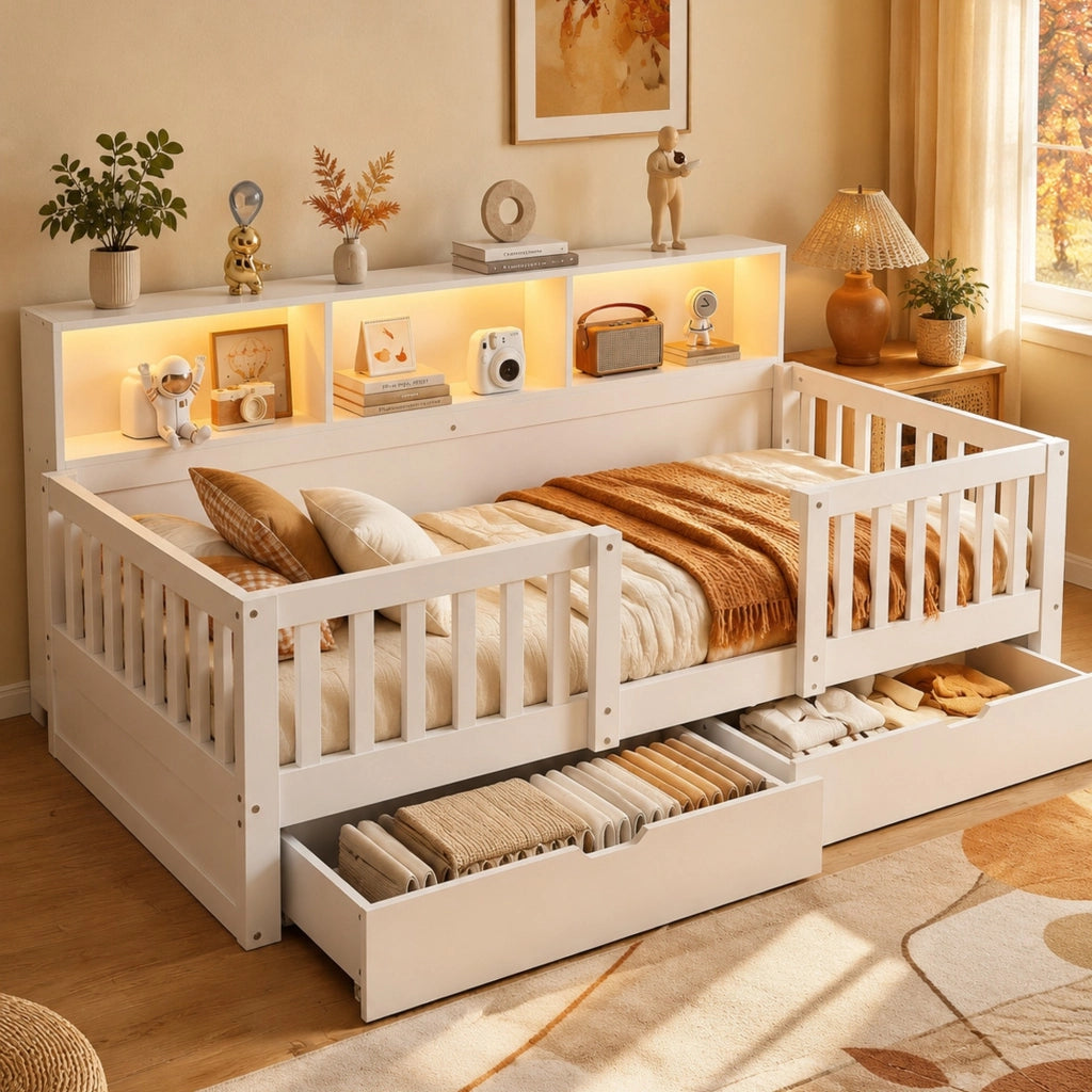 Letto per bambini 90 × 200 cm con barriera di sicurezza, 2 cassetti, ripiani e LED, senza materasso, bianco