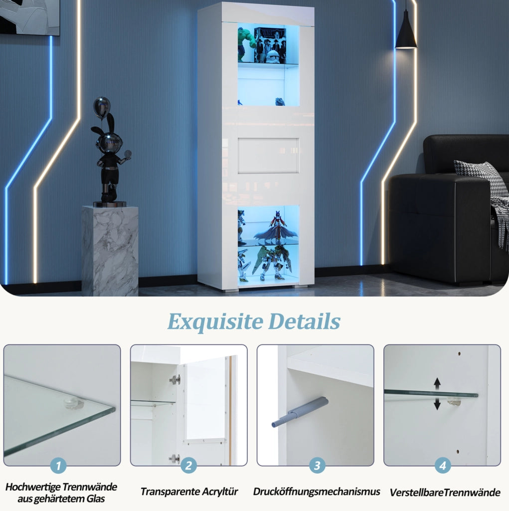 Vetrina 60x40x170 cm con LED USB e ripiani regolabili in MDF; bianca