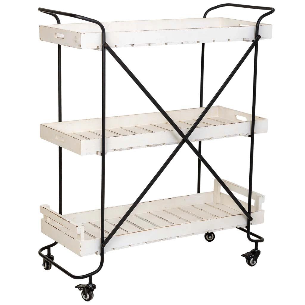 Carrello in legno bianco con 3 vassoi 89x38x110h cm