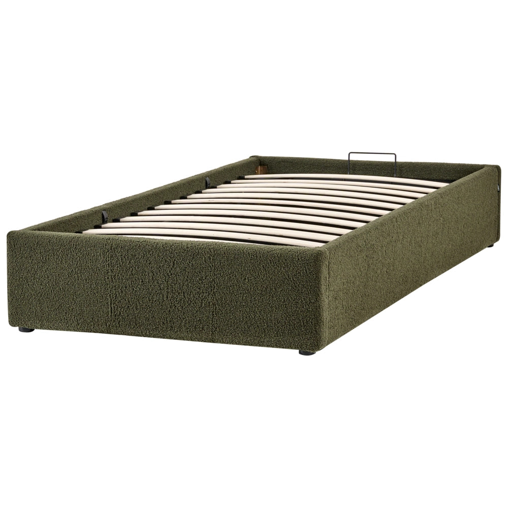Letto singolo con contenitore in tessuto bouclè verde scuro 90 x 200 cm portaoggetti stile moderno